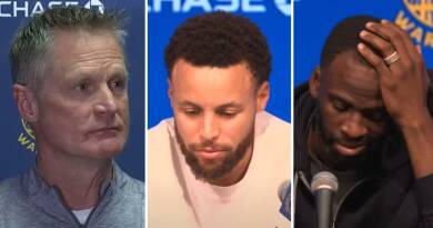 Steve Kerr, Steph Curry et Draymond Green en conférence de presse