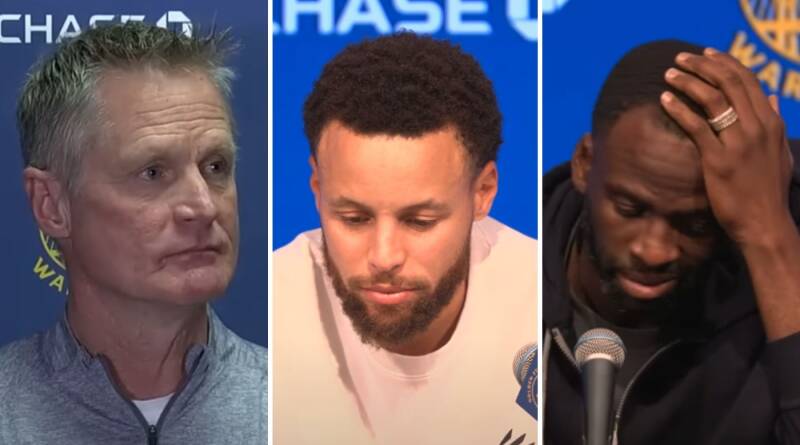 Steve Kerr, Steph Curry et Draymond Green en conférence de presse