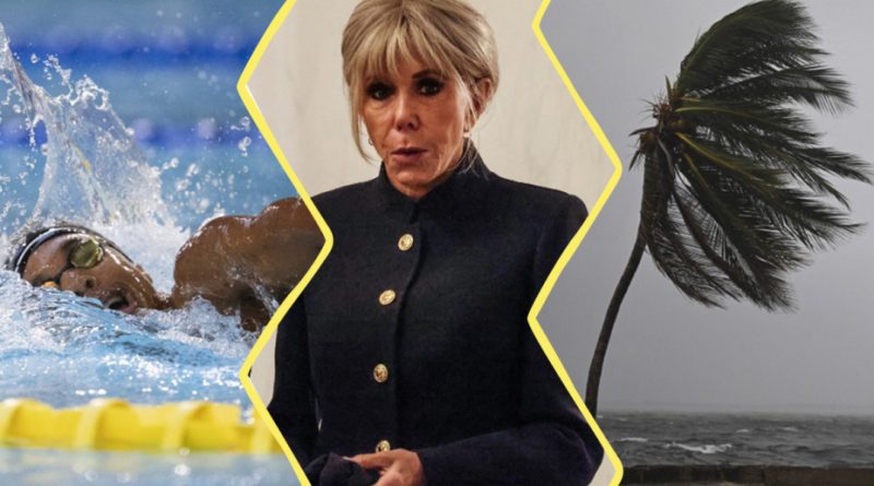 image construite à partir de 3 photos. À gauche : Sauveur Cristofini nageant le 23 octobre 2025 à Taverny. Au centre : Brigitte Macron. À droite : un palmier dans le vent de la tempête Melissa.