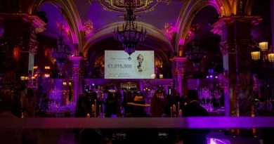 Le Butterfly Ball Monaco : 1 million d’euros pour les enfants handicapés La salle plongée dans l'obscurité avec des lumières violettes et l'écran montrant le montant récolté durant la soirée.