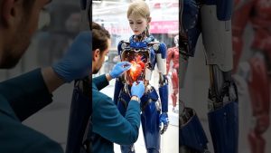 Guy teste le dernier robot de compagnie à l'expo