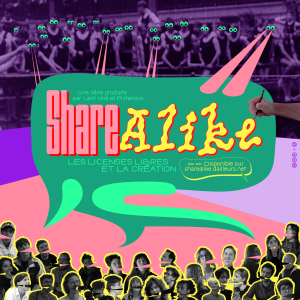 Affiche de la série Share alike. Sur le haut, sur fond violet, des personnes avec des gros yeux verts regarde vers le bas, certains ayant des rayons roses leur sortant des yeux vers le centre de l