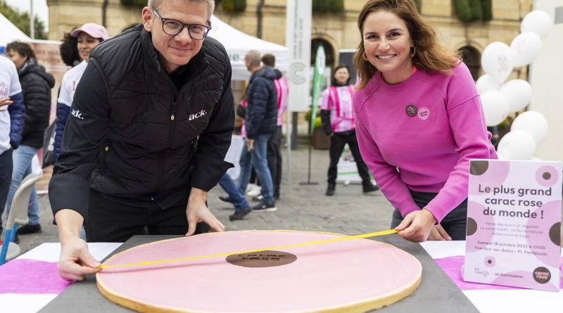 Un carac rose géant dévoilé et dévoré à Yverdon-les-Bains pour sensibiliser au cancer du sein | RTS