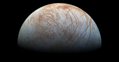 an ice-covered moon in deep space, whose surface is criss-crossed by snaking brownish stripes