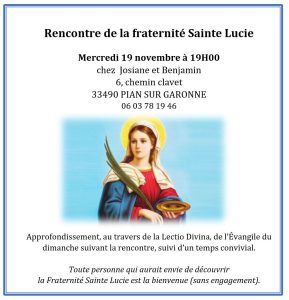 RENCONTRE FRATERNITÉ Sainte Lucie : Mercredi 19 novembre, tous les détails ici