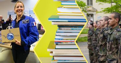 Image composée de 3 photos. À gauche : Sophie Adenot au CNES. Au centre : une pile de livres jeunesse. à droite : des jeunes en tenue de militaires.