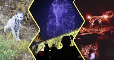 Image constituée de 3 photos. À gauche : le lynx blanc. Au centre: l'inauguration du grand musée du Caire avec le masque de Toutankhamon en drones lumineux. À droite : les navigateurs arrivant sur leur bateau.