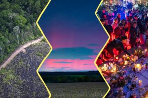 Image constituée de 3 photos. À gauche : une vue du ciel d'une partie de la forêt amazonienne. Au centre : une aurore boréale rose et bleue en Loire Atlantique. À droite, des personnes posant des bougies place de la République en hommage aux victimes des attentats du 13 novembre 2015.