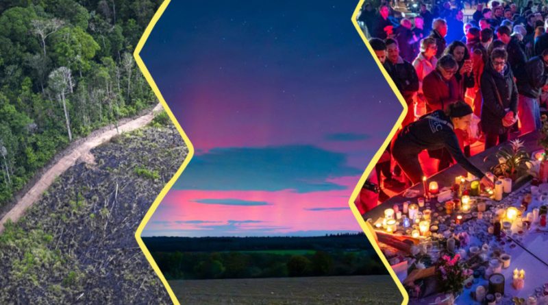 Image constituée de 3 photos. À gauche : une vue du ciel d'une partie de la forêt amazonienne. Au centre : une aurore boréale rose et bleue en Loire Atlantique. À droite, des personnes posant des bougies place de la République en hommage aux victimes des attentats du 13 novembre 2015.