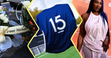 Image constituée de 3 photos. À gauche : des fleurs en hommage à Medhi Kessaci. Au centre: le maillot de foot pour lutter contre les violences faites aux enfants de l'association L'enfant Bleu. À droite : la chanteuse Aya Nakamura.