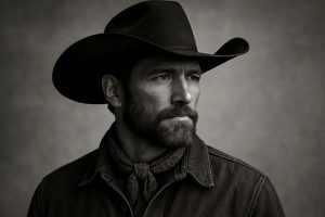Une photo en noir et blanc, du visge deu chanteur Breaking Rust. Il a un chapeau de Cow Boy sur la tête, et l'air sombre. Cette photo a été créée avec une intelligence artificielle.