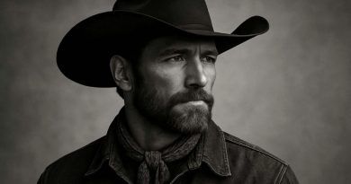 Une photo en noir et blanc, du visge deu chanteur Breaking Rust. Il a un chapeau de Cow Boy sur la tête, et l'air sombre. Cette photo a été créée avec une intelligence artificielle.