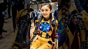 Guy teste le dernier robot de compagnie à l'Expo