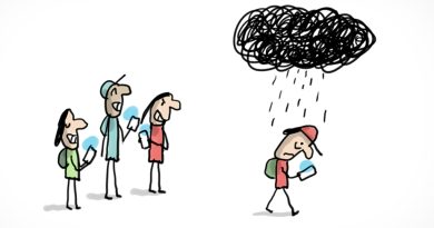 Illustration d'un jeune victime de cyberharcélement qui marche en regardant l'écran de son téléphone. Des jeunes de moquent de lui en le regardant passer.