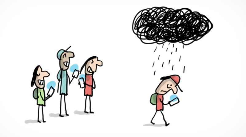 Illustration d'un jeune victime de cyberharcélement qui marche en regardant l'écran de son téléphone. Des jeunes de moquent de lui en le regardant passer.