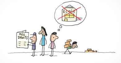 Trois enfants lisent les droits des enfants. Derrière aux, un enfant est forcé de travailler et ne peut pas aller à l'école.