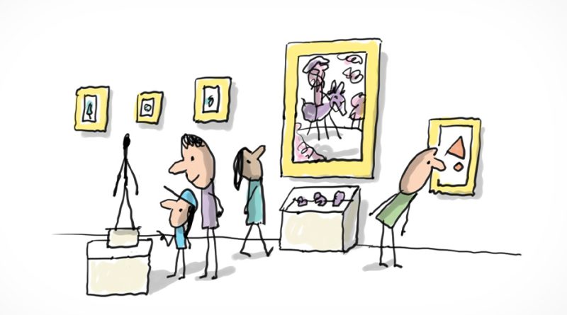 Des adultes et des enfants visitent un musée. Ils regardent des statues, des tableaux et des objets très anciens.