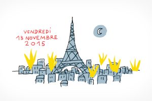 La ville de Paris que l'on reconnaît grâce à la Tour Eiffel est plongée dans le noir. Des explosions apparaissent dans certains bâtiments.