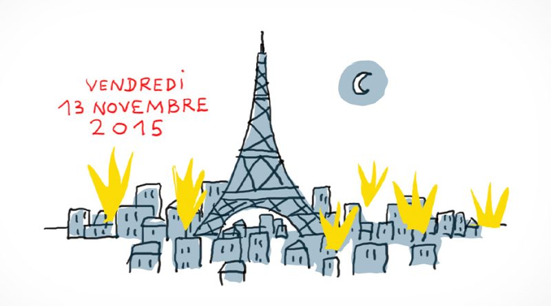 La ville de Paris que l'on reconnaît grâce à la Tour Eiffel est plongée dans le noir. Des explosions apparaissent dans certains bâtiments.