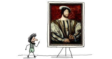 Un tableau du roi François 1er est montré par un petit personnage dessiné qui représente lui aussi le roi de France.