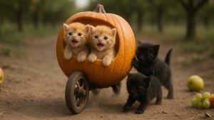 Papa et Mama Cat Emmènent la Famille à la Récolte de Fruits