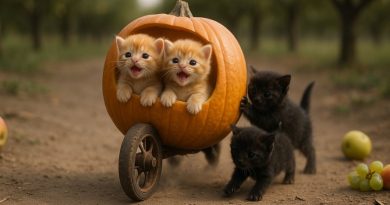 Papa et Mama Cat Emmènent la Famille à la Récolte de Fruits