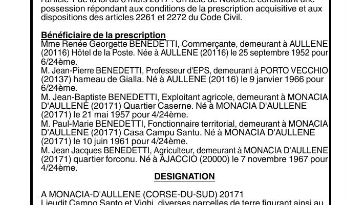 [Presse] Monacia d'Aullène & Pianottoli-Caldarello > Création titre propriété > Famille BENEDETTI.