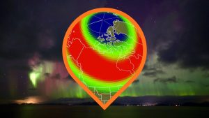 a map of the aurora forecast for tonight courtesy of NOAA, with a background of aurora shows behind clouds.