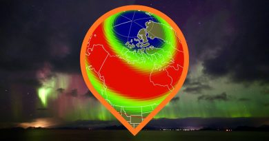 a map of the aurora forecast for tonight courtesy of NOAA, with a background of aurora shows behind clouds.
