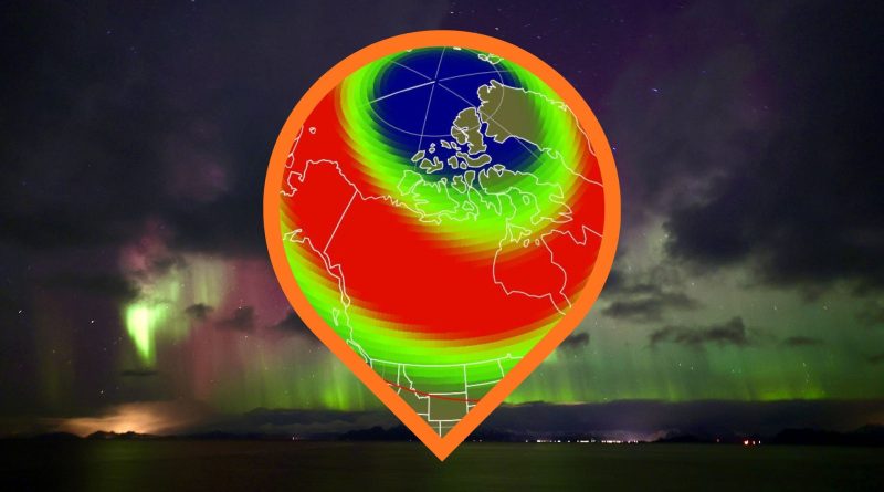 a map of the aurora forecast for tonight courtesy of NOAA, with a background of aurora shows behind clouds.