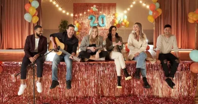 Les six personnes assises sur une table dans une salle décorée avec des ballons pour célébrer un 20e anniversaire.