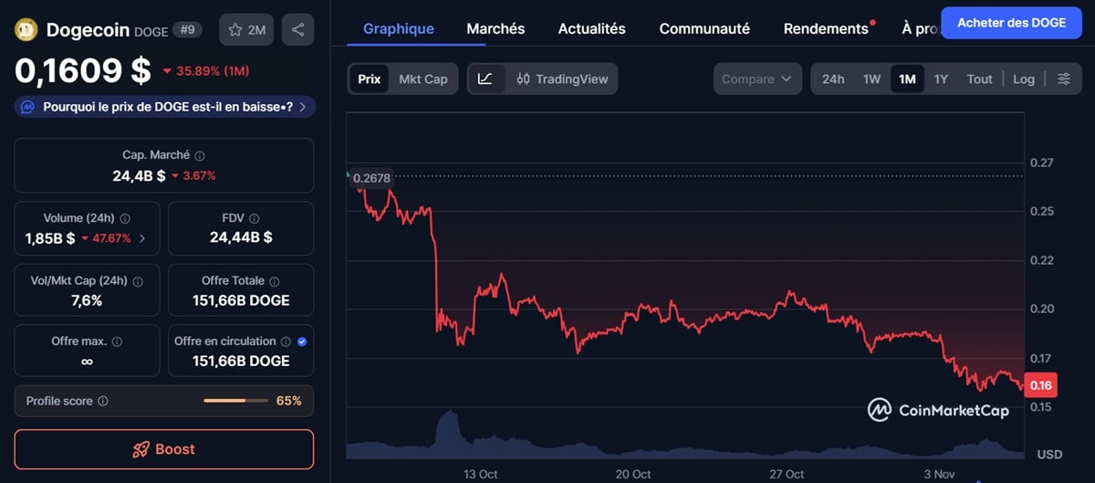 cours du Dogecoin de coinmarketcap