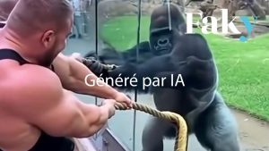 RTBF Actus : vidéo d’un gorille face à trois bodybuilders au tir à la corde générée par IA