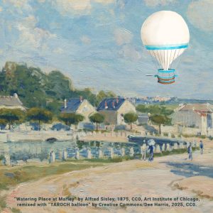 "Watering Place at Marley" by Alfred Sisley, 1875, CC0, Art Institute of Chicago, remixed with "TAROCH balloon" by Creative Commons/Dee Harris, 2025, CC0.