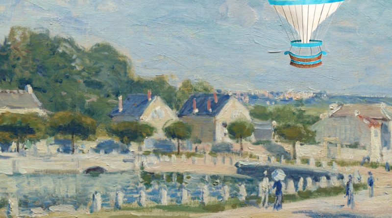 "Watering Place at Marley" by Alfred Sisley, 1875, CC0, Art Institute of Chicago, remixed with "TAROCH balloon" by Creative Commons/Dee Harris, 2025, CC0.