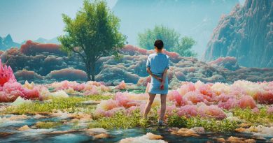 paysage virtuel de montagnes et de végétation aux couleurs acidulées