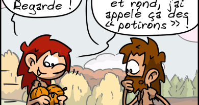 Magnon, toute contente, court vers Jean-Cro avec des trois courges dans les mains : « Jean-Cro ! Nos premiers légumes ont poussé ! Regarde ! » Jean-Cro : « C