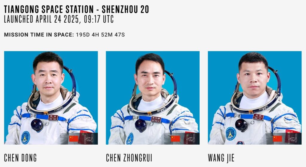 Portraits de trois astronautes chinois en combinaison spatiale, alignés devant un fond bleu.