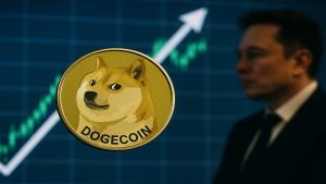 Le logo Dogecoin (DOGE) devant un graphique haussier, symbolisant l'impact des ETF et d'Elon Musk sur le prix en 2025.