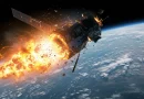 Illustration d’un satellite en orbite explosant au-dessus de la Terre, générant une pluie de débris spatiaux