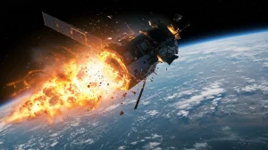 Illustration d’un satellite en orbite explosant au-dessus de la Terre, générant une pluie de débris spatiaux