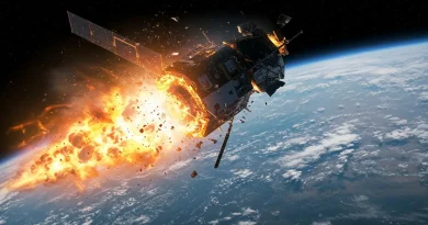 Illustration d’un satellite en orbite explosant au-dessus de la Terre, générant une pluie de débris spatiaux