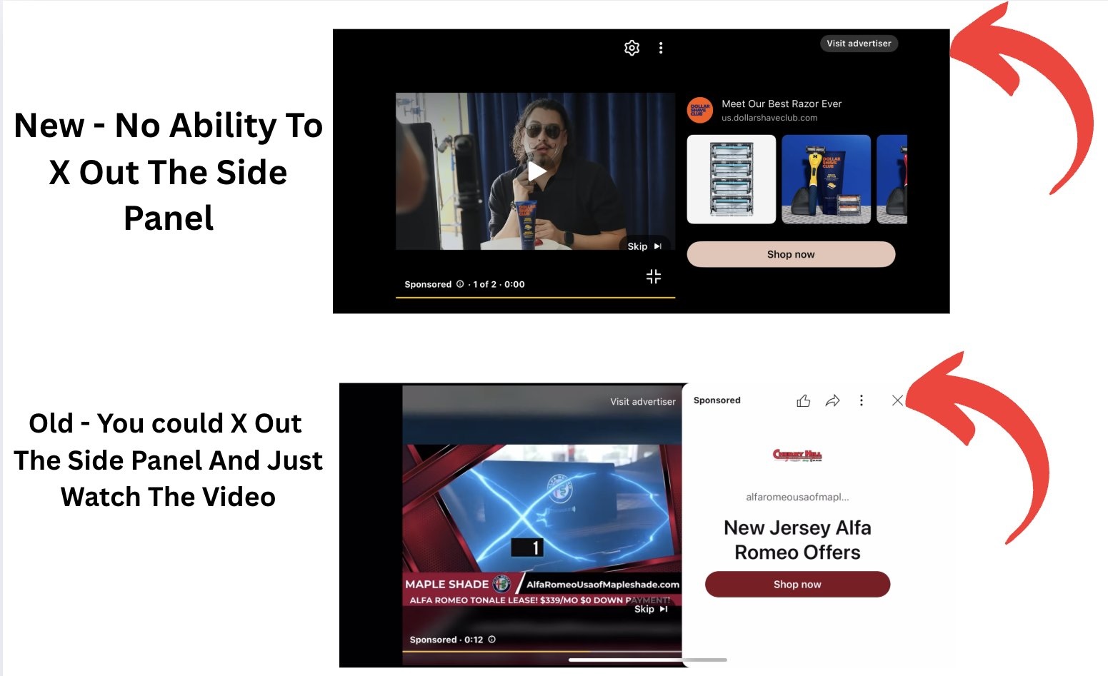 La croix de fermeture semble avoir été remplacée par un bouton pour visiter le site de l'annonceur - Source&nbsp: X / YouTube
