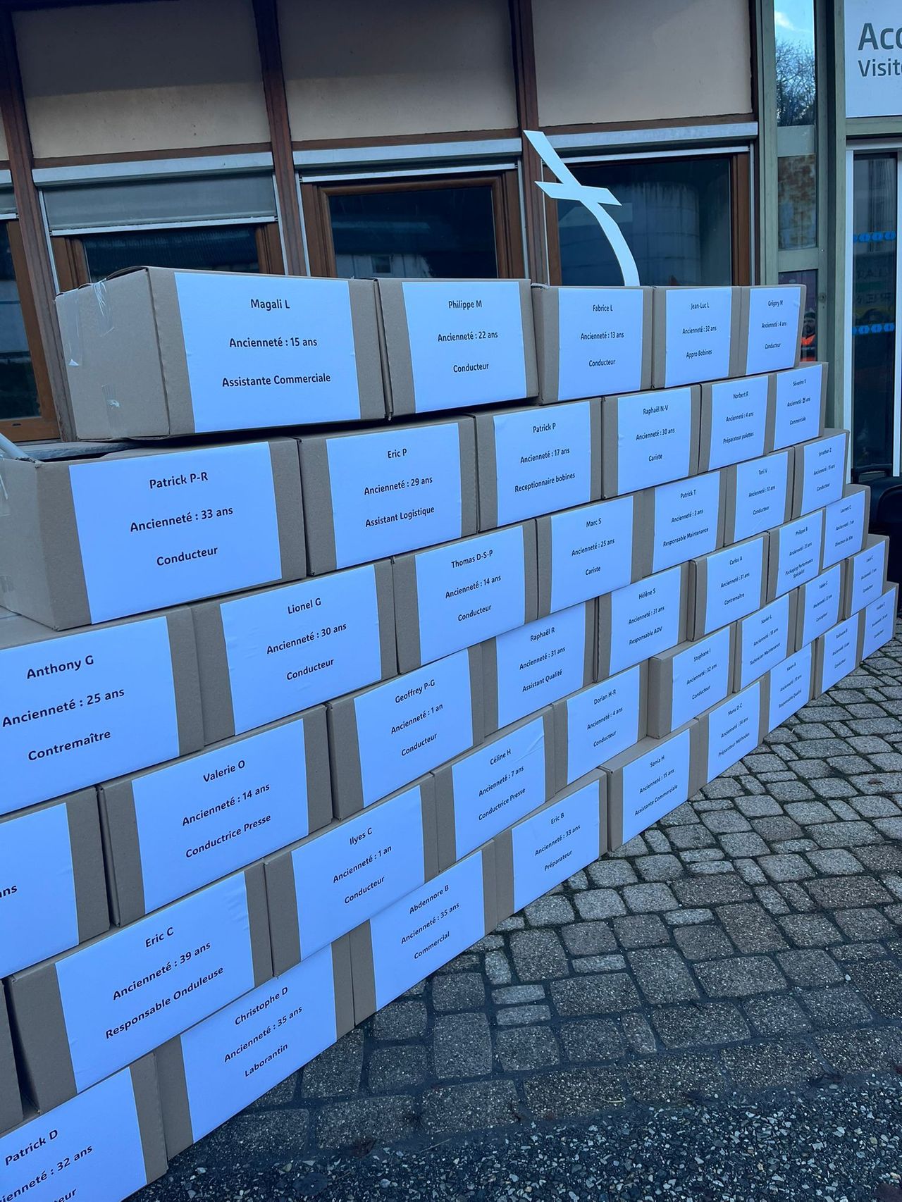 Mur de cartons avec les noms des salariés