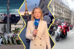 Image constituée de 3 photos. À gauche : des fleurs et un drapeau australien sur la plage où a eu lieu l'attentat. Au centre : une capture d'écran de la fausse vidéo faite avec IA montrant une journaliste devant la tour Eiffel. À droite : deux personnes déguisée en père Noël sur une moto dans une rue de Paris.