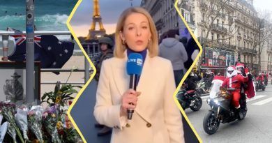 Image constituée de 3 photos. À gauche : des fleurs et un drapeau australien sur la plage où a eu lieu l'attentat. Au centre : une capture d'écran de la fausse vidéo faite avec IA montrant une journaliste devant la tour Eiffel. À droite : deux personnes déguisée en père Noël sur une moto dans une rue de Paris.