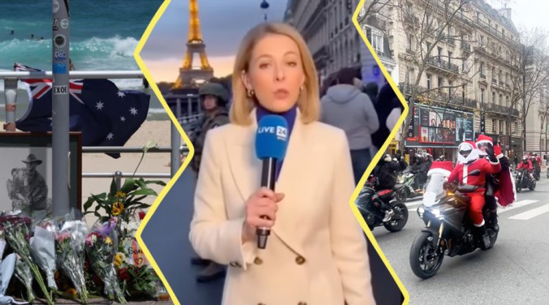 Image constituée de 3 photos. À gauche : des fleurs et un drapeau australien sur la plage où a eu lieu l'attentat. Au centre : une capture d'écran de la fausse vidéo faite avec IA montrant une journaliste devant la tour Eiffel. À droite : deux personnes déguisée en père Noël sur une moto dans une rue de Paris.