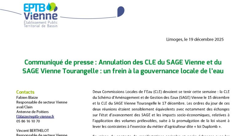 Annulation des CLE du SAGE Vienne et du SAGE Vienne Tourangelle - Établissement Public Territorial du Bassin de la Vienne