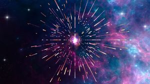A bright ball of light shoots red and purple and white sparks in front of a galaxy background with stars, purple, and blue colors on it