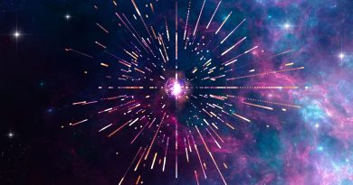 A bright ball of light shoots red and purple and white sparks in front of a galaxy background with stars, purple, and blue colors on it